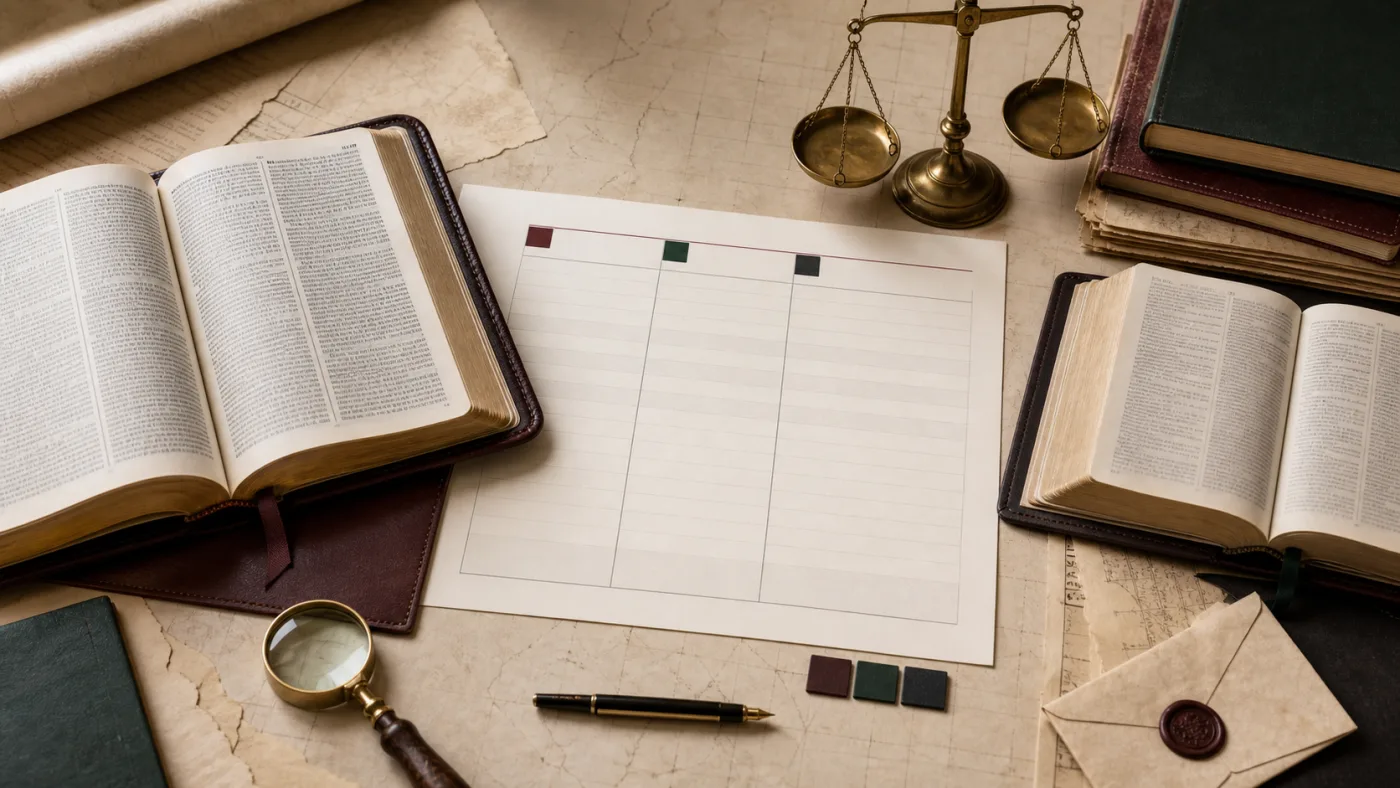 Open books and a blank comparison worksheet arranged on an archive desk