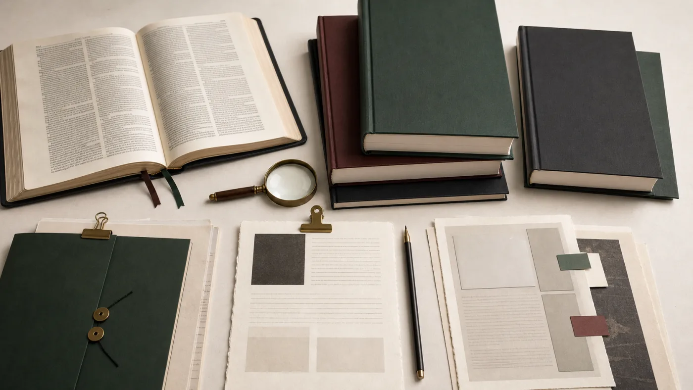 Open Bible, source books, notes, and evidence folders on a warm desk